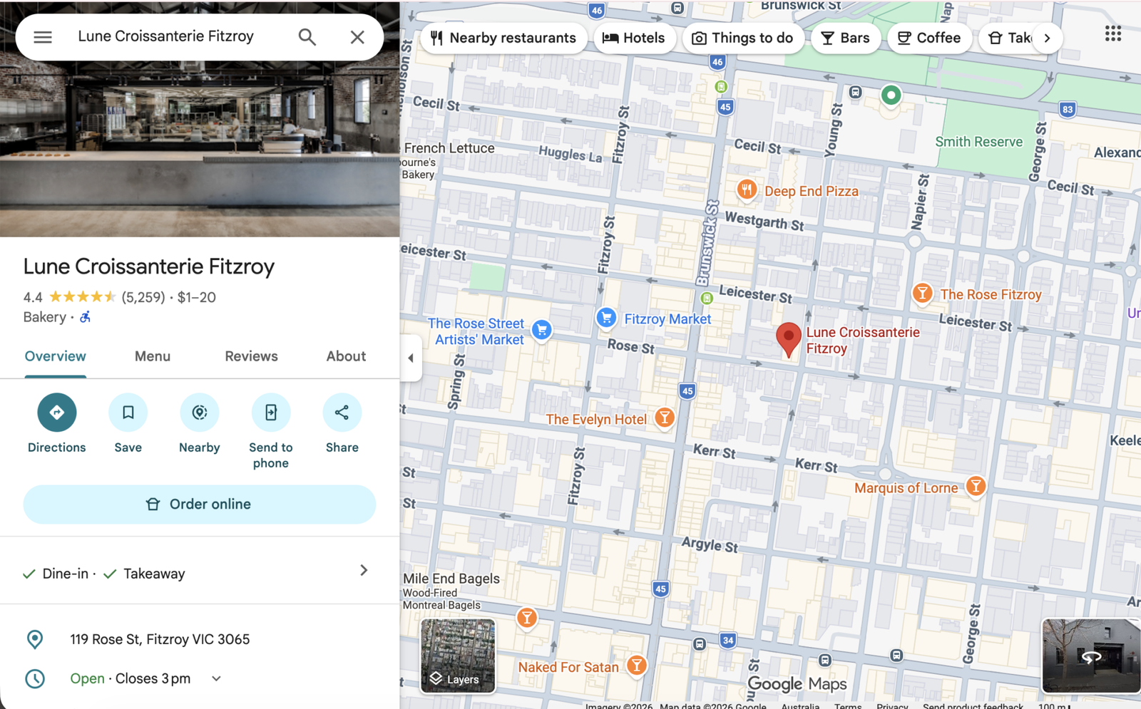 Map view of Lune Bakery in Fitzroy