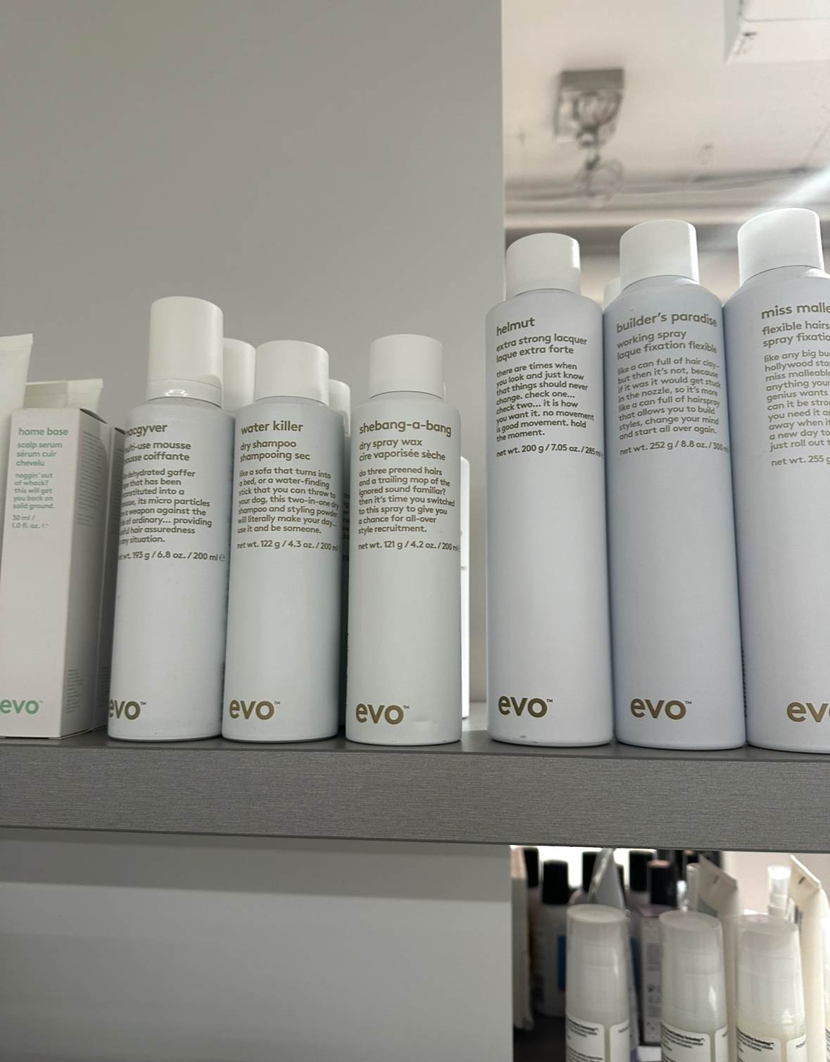 Close-up of Evo She-Bang-a-Bang 200ml can on a clean salon shelf at Assort Melbourne.