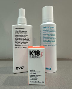 Assort Melbourne styling station featuring K18 Leave-In Mask, Evo Root Canal spray and Evo Whip it Good
