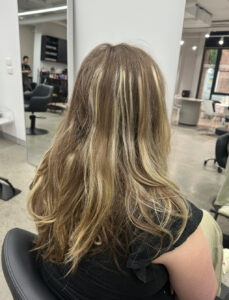 A before shot of a client from Assort Melbourne, with faded brown and blonde chunky highlights