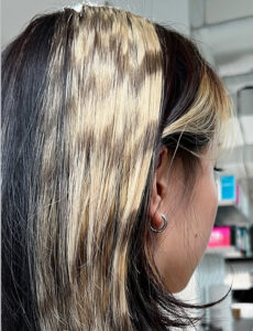 A client at Assort Melbourne showcasing high-contrast platinum horizontal Raccoon Streaks on a modern layered haircut