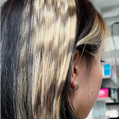 A client at Assort Melbourne showcasing high-contrast platinum horizontal Raccoon Streaks on a modern layered haircut
