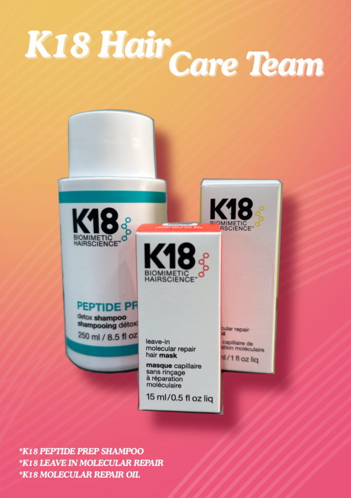 The complete K18 molecular repair product range, including the Mask, Detox Shampoo, and Oil, available at Assort Melbourne.