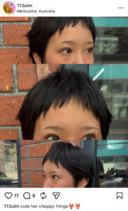 A close-up of micro choppy bangs styled on a client at Assort Melbourne hair salon in Collingwood, showcasing a modern face-framing fringe