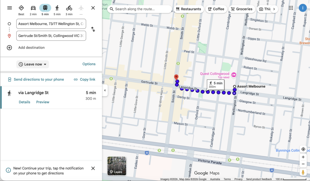 A map from Gertude St in Collingwood to Assort Melbourne