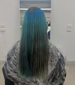 Before comparison of an Indigo Blue Gradient hair color transformation with K18 molecular repair at Assort Melbourne.