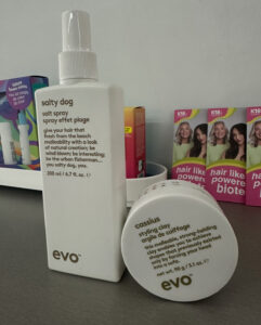 Close-up of Evo Cassius Styling Clay and Evo Salty Dog Spray 