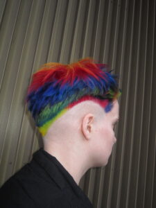 Vivid rainbow hair transformation at Assort Melbourne featuring saturated layers of purple, green, and orange with a high-shine "glass hair" finish.