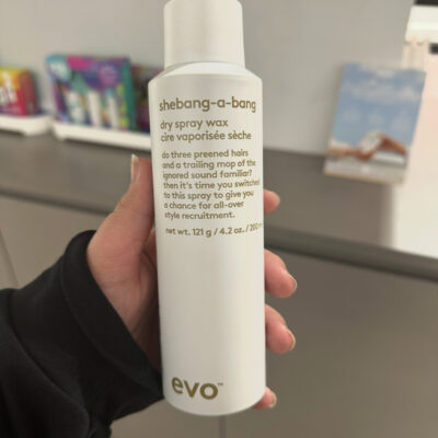 Close-up of Evo She-Bang-a-Bang 200ml can on a clean salon shelf at Assort Melbourne.