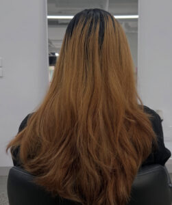 Long, brassy bleached hair before a color correction at Assort Melbourne.